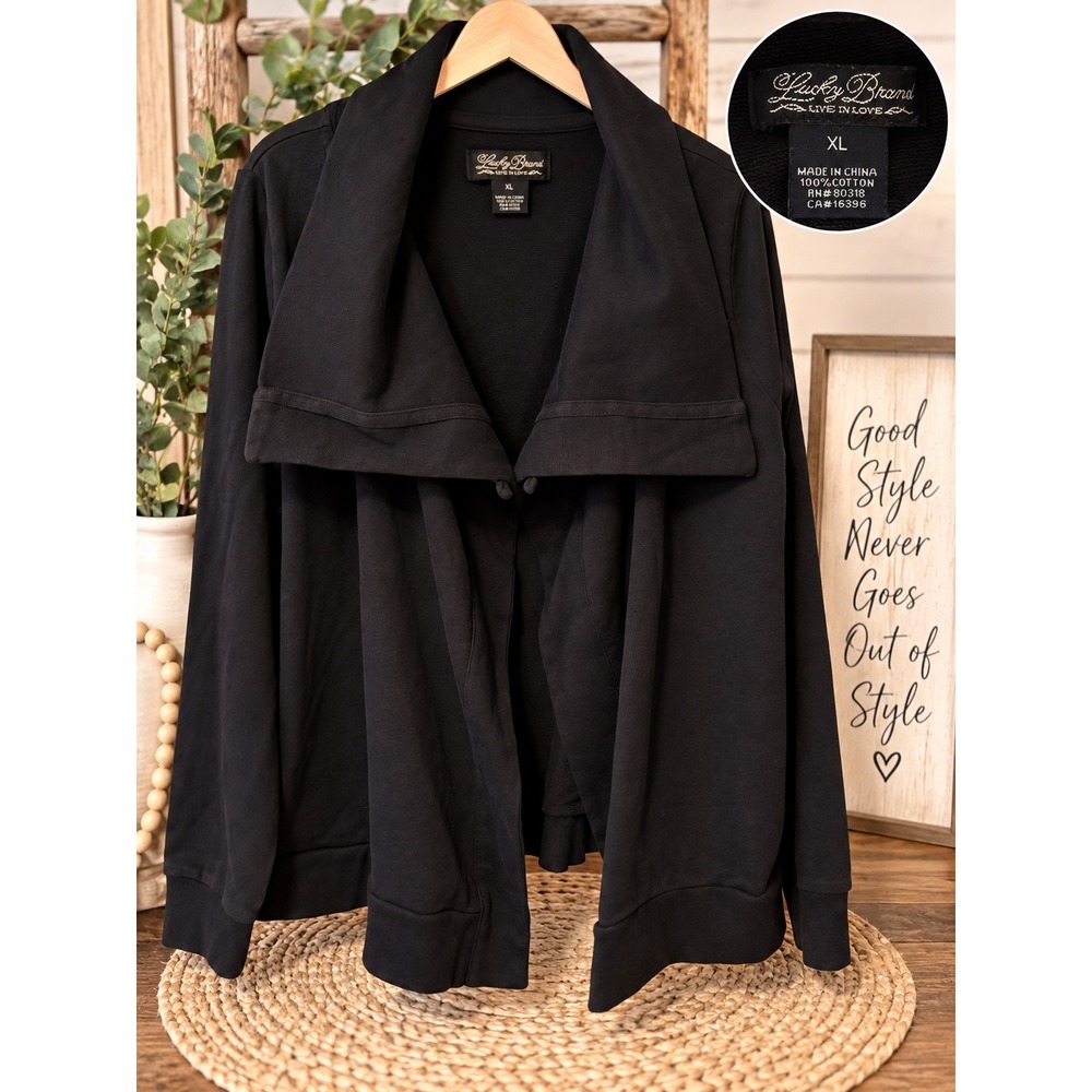 Lucky Brand Live in Love Black Cotton Knit Shawl Collar Cardigan Jacket XL